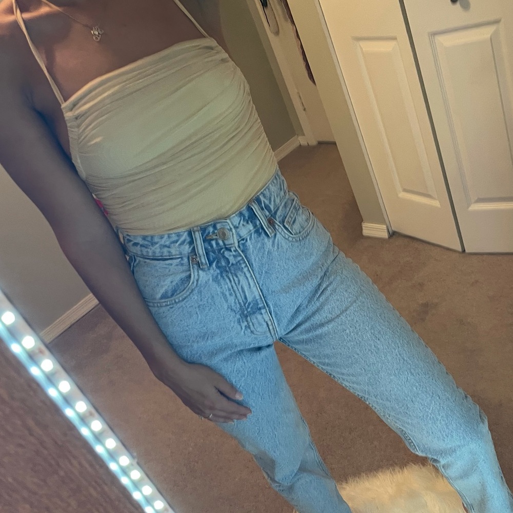 Tan ruched tie back body suit size small